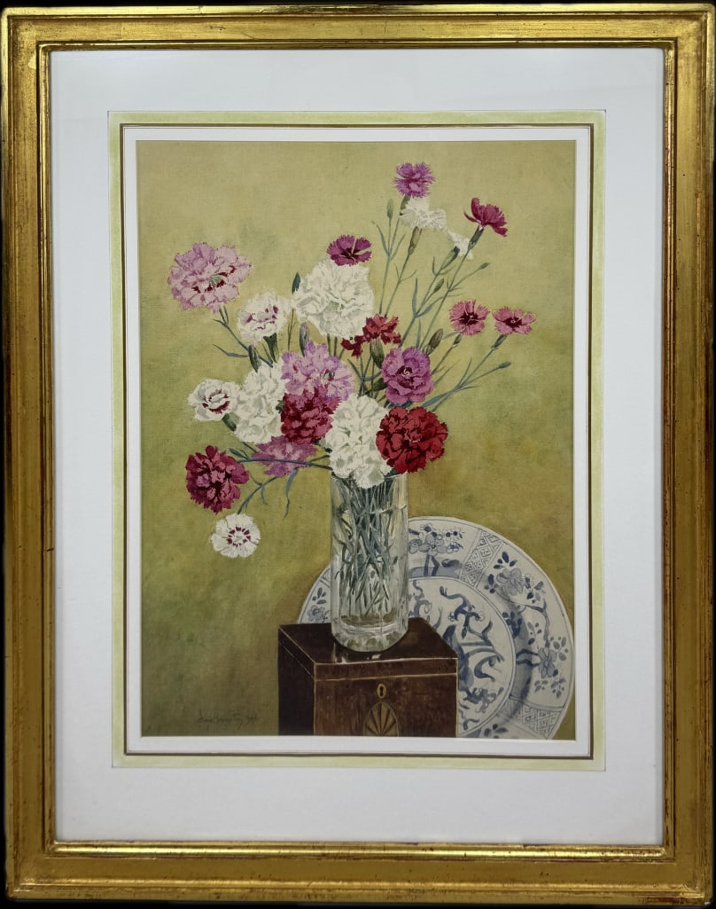 Frank Galsworthy Watercolor: Framed watercolor with carnations, a plate and a tea caddy, signed Frank Galsworthy, 1906, 19" x 14"