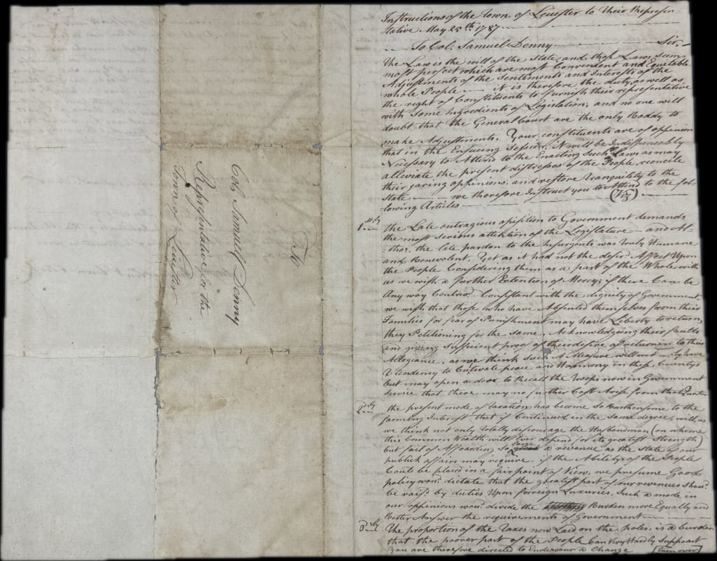 Appointment of Samuel Denny: Appointment of Colonel Samuel Denny (1731-1817) for the Town of Leicester Massachusetts, dated May 25,1787, from Washburn's History of Leicester "Samuel Denny held a prominent and leading plac