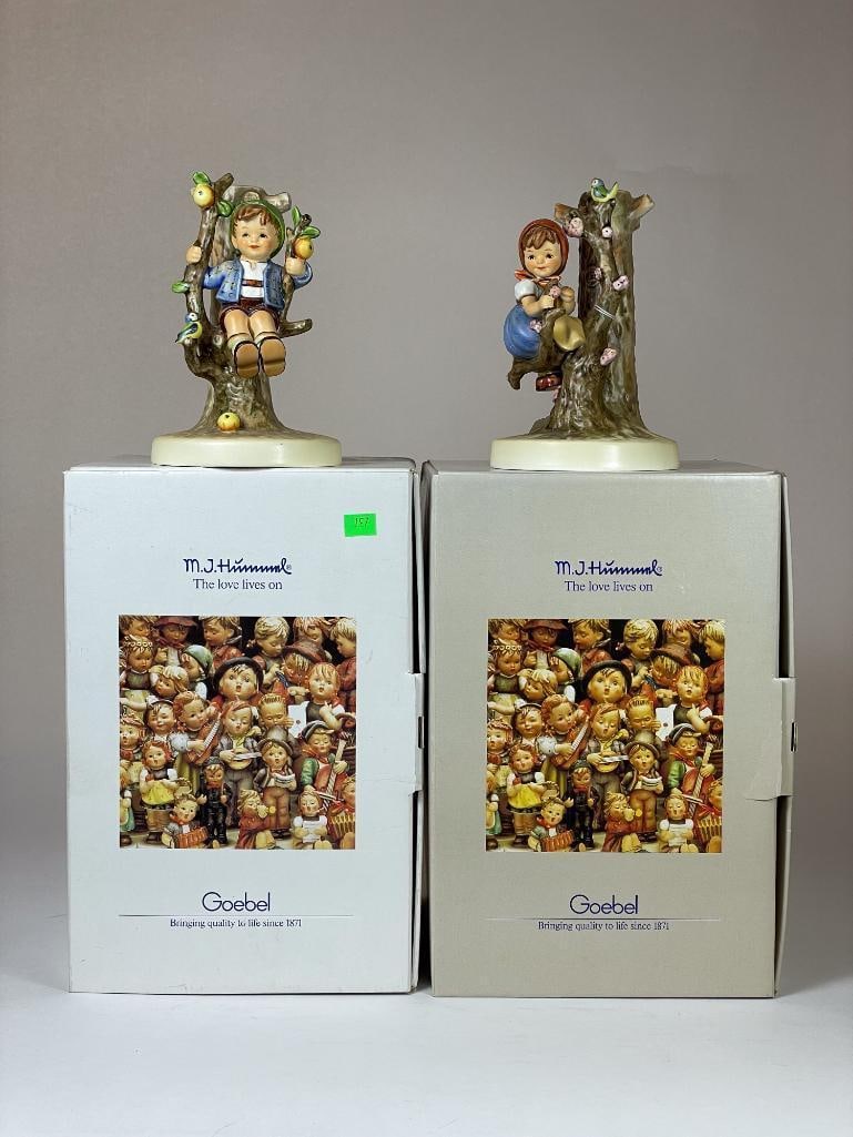 Hummel Figurines in Original Boxes: Apple Tree Boy And Girl 676 and 677, 1988 Low Estimate: 50, High Estimate: 1000 This lot is from the Jack and Bette Lessard extensive Hummel Collection. Descriptions, titles, mold numbers, TMK numbers