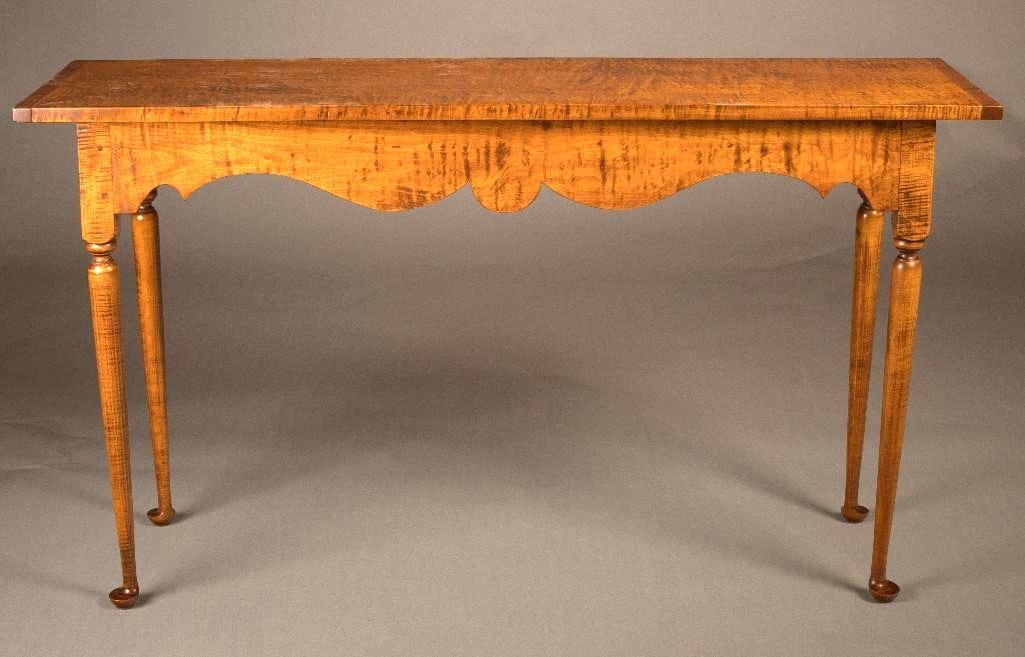 D. R. Dimes tiger maple console table: D. R. Dimes tiger maple console table having a nicely shaped skirt and turned legs terminating in a duck foot, 50" wide x 15" d 28.25"? Provenance: The Personal Collection of Douglas R. Dimes (1941 ?