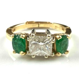 14k Yellow Gold Ring with Diamonds and Emeralds