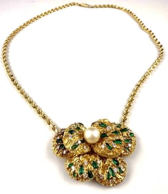 14k Gold Necklace with Gold Pendant Pin with Pearls, Emeralds and Diamonds
