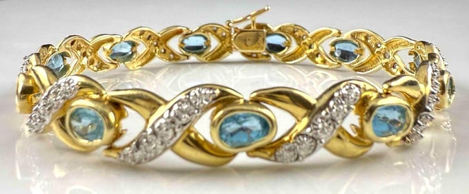 14k Yellow Gold Bracelet with Diamond Melees and Blue Stones