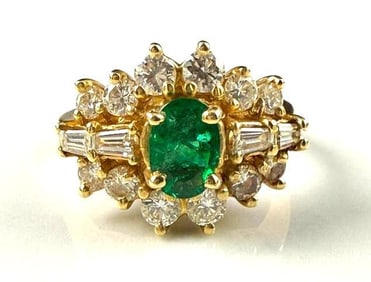 14k Yellow Gold Ring with Emerald Center Stone Surrounded by Small Diamonds