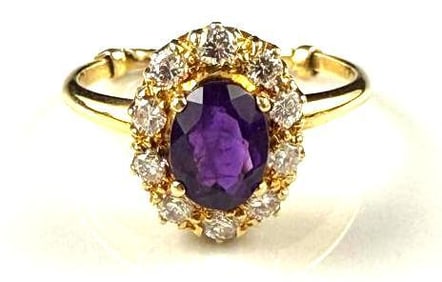 14K Yellow Gold Ring with Amethyst Surrounded by Small Diamonds