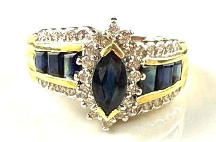 14k ring with Blue Sapphires and Diamond Melees