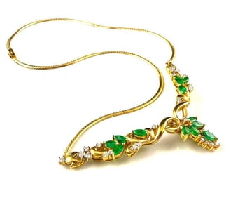 14k Gold Necklace with Green Stones and Moissanite