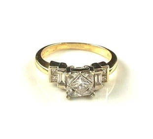 14k Yellow Gold Ring with One Half ct Center Diamond and Four Side Diamonds