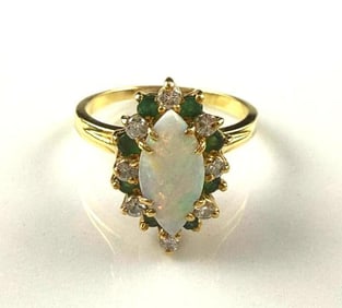 10k Yellow Gold Ring with Opal, Emeralds, and Small Diamonds