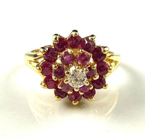 14k Yellow Gold Ruby Cluster Ring with Diamond