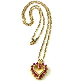 Gold Necklace with Heart Shaped Pendant and Pink Sapphires