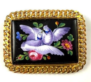 14k Gold Victorian Pietra Dura Mosaic Brooch