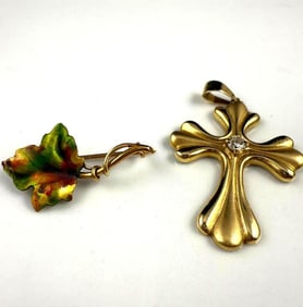 14k Gold Cross with Diamond and 14k Gold Leaf Pin