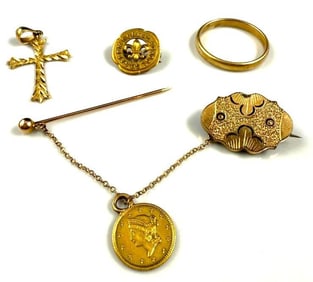 1852 Gold One Dollar Coin, 14k Gold Cross, Lapel Pin and Wedding Band