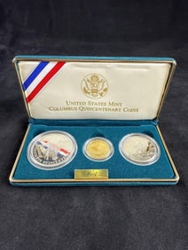 US Mint 1992 Columbus Quincentennial Three Coin Set with Gold Coin