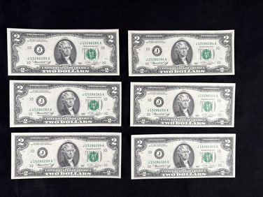Six Two Dollar Bills