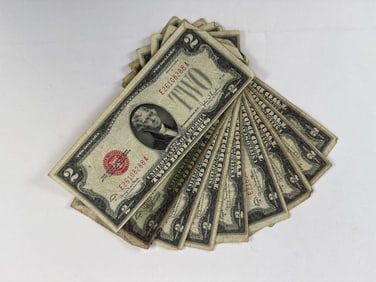 Nine 1928 Two Dollar Red Seal Notes
