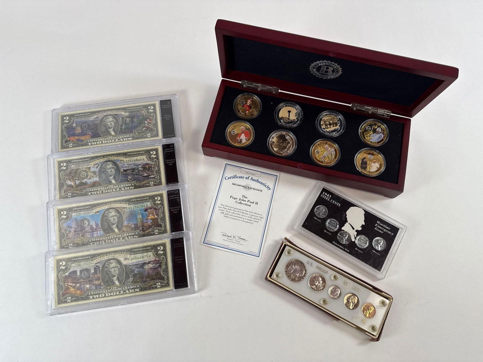 Statehood Two Dollar Bills, Proof Coins and Bradford Poe John Paull II Collection: Lot to include Statehood Two Dollar Bills Proof Coins and Bradford Poe John Paul II Collection