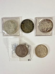 Three Morgan Silver Dollars and Two Peace Silver Dollars