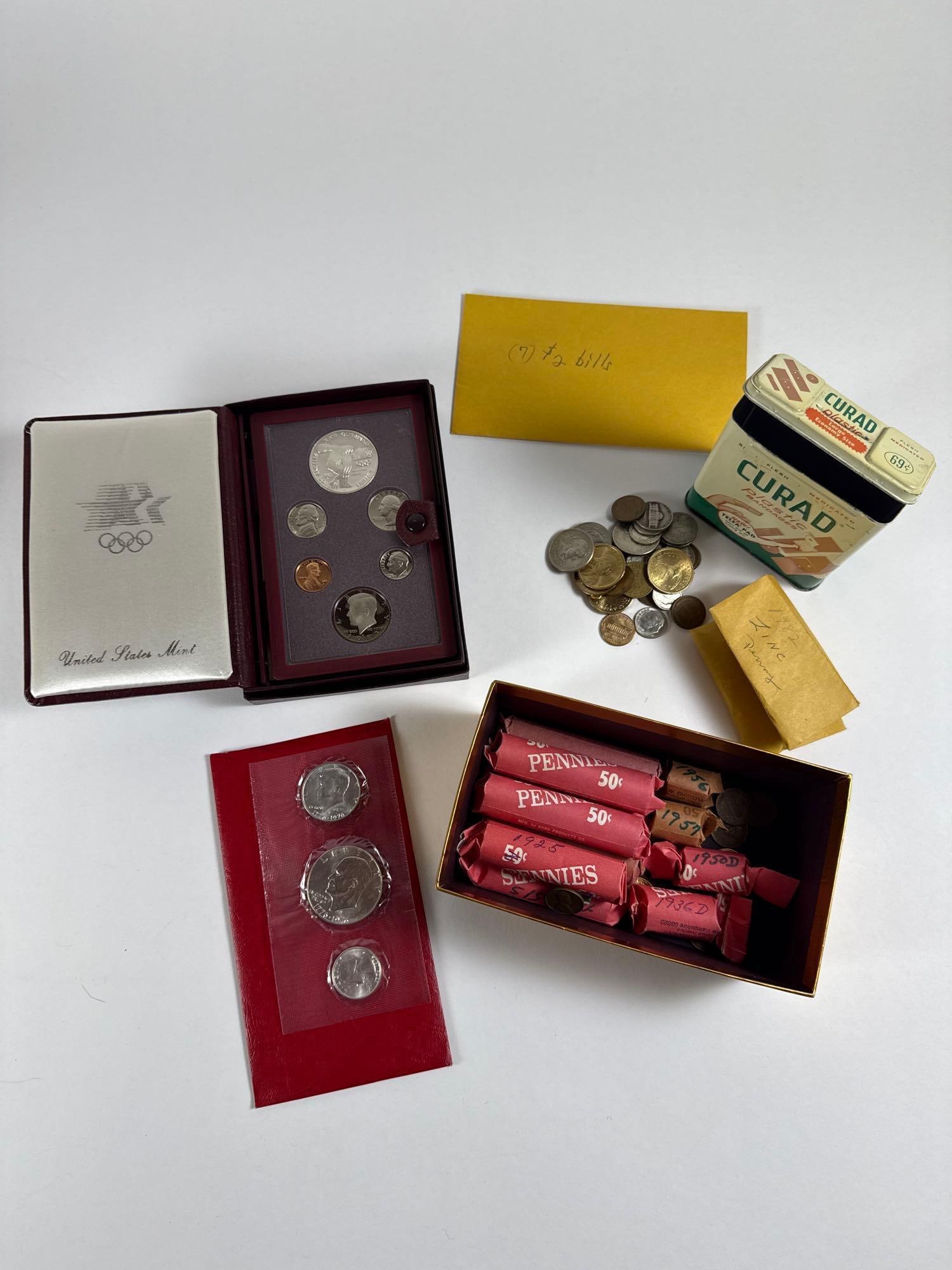 US Mint 1983 Olympic Prestige Set, Bicentennial Set, Two Dollar Bills, and Early Pennies (1 of 3)