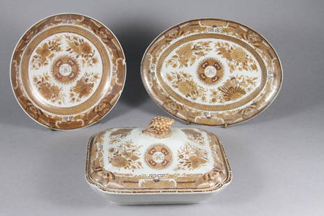 (3) pcs. of Chinese Export Brown Fitzhugh monogrammed: (3) pcs. of Chinese Export Brown Fitzhugh monogrammed "H" (descended from Philip Hone, the 57th Mayor of New York City) including a 10" tureen, 12" oval platter and a 9.5" dis