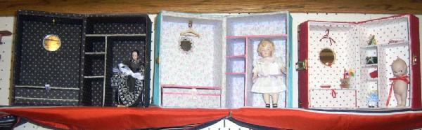 Dolls Hand Made Doll Trunks With Dolls And Accesso: Dolls Hand Made Doll Trunks With Dolls And Accessories, 3 Pieced Sold Separately, Black, Blue, & Red