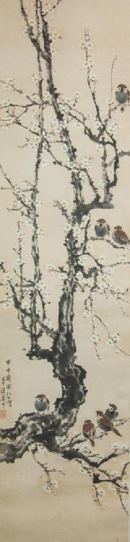 Xu Beihong 1895-1953 Watercolour on Paper Scroll: Sparrows and plum tree; Chinese ink and watercolour on paper; hanging scroll; signed Xu Beihong (1895-1953); inscribed with 1 artist seal; 181 cm x 44 cm_x000D_