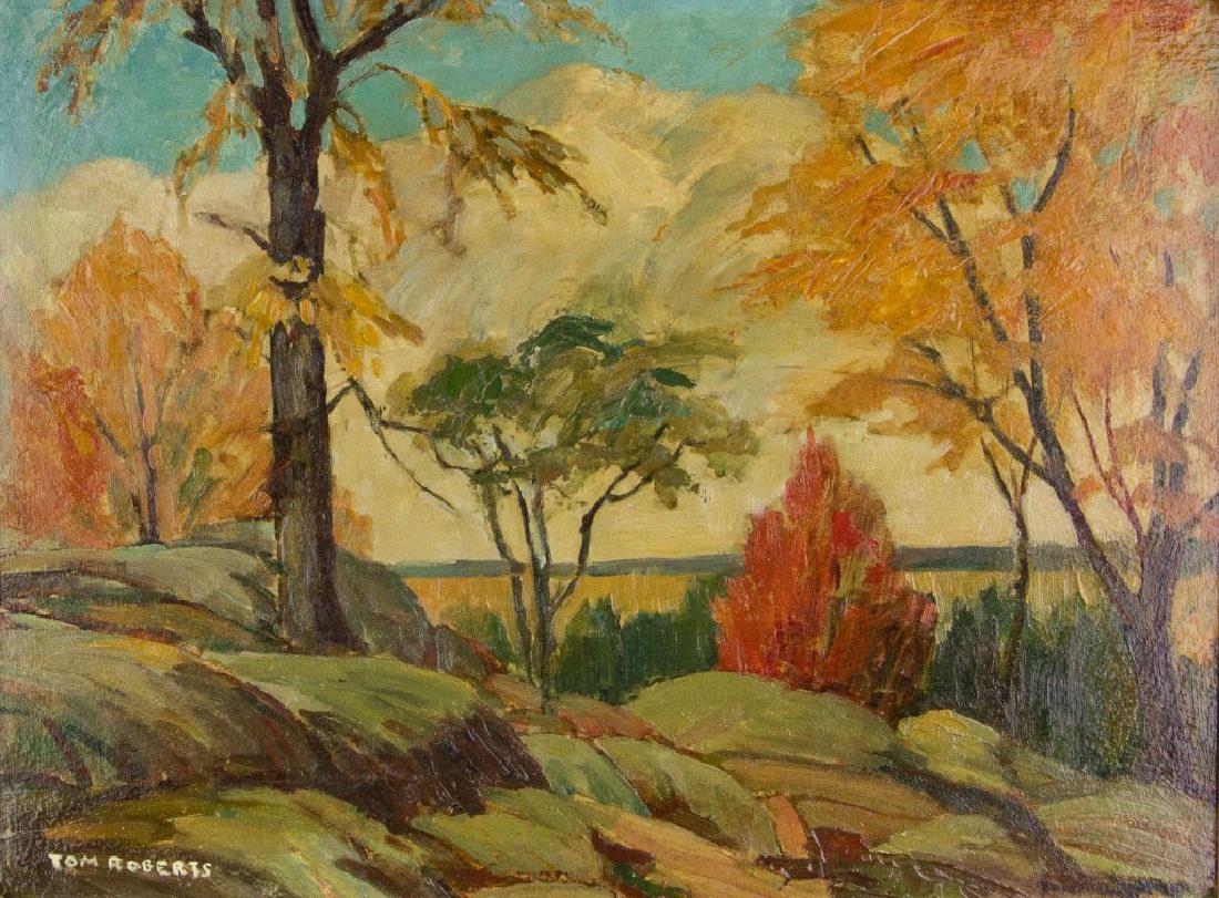 Tom Roberts 1909-1998 Canadian Oil on Board Framed: Autumn Landscape; oil on board; framed; signed Thomas Keith Roberts (1909-1998), Canadian painter, member of Ontario Society of Artists and Royal Canadian Academy of Arts; 12 inches x 16 inches_x000D_