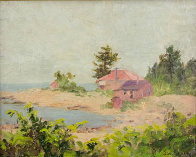 J.W.Beatty 1869-1941 Canadian Oil Board Frame 1910: Cottage on the bay; oil on board; framed; signed front and back, John William Beatty (1869-1941), Canadian artist; OSA, RCA; dated 1910; 8 1/2 inch x 10 1/2 inch