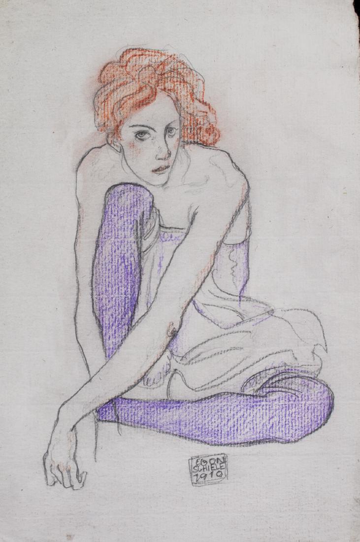 Egon Schiele 1890-1918 Austrian Crayon on Paper: Painting of a girl; crayon and pencil on paper; signed and attributed to Egon Schiele (1890-1918), Austrian artist; 9.5 inches x 6 1/4 inches