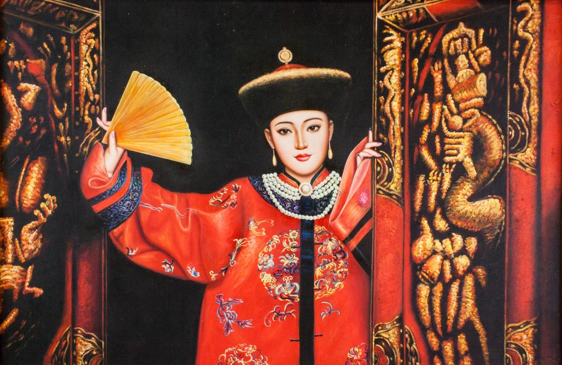 Chan Chinese Oil on Canvas Qing Subject with Robe: Painting of lady in Qing imperial robe; oil on canvas; framed; copy of Jiang Guofang (b.1951); signed Chan on lower right corner; illegible Chinese artist; 60 cm x 90 cm
