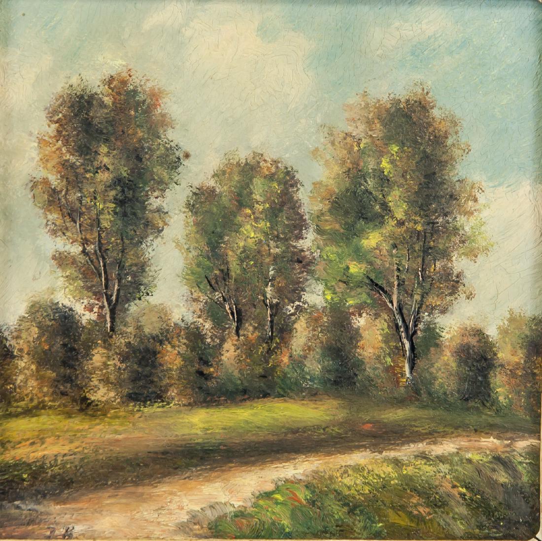 Bernard van Beek 1875-1941 Dutch Oil Landscape: Landscape painting of trees and bushes; oil on board; framed; lower left corner signed and attr. Bernard van Beek (1875-1941), Dutch painter, the style of the Hague School is clearly recognizable; dat