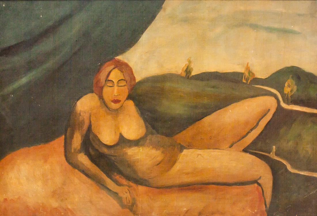 Jandi David 1893-1944 Hungarian Oil Board Nude: Panting of reclined nude woman; oil on board; framed; lower right corner signed and attr. Jandi David (1893-1944), Hungarian painter, founding member of Miklos Barabas Guild, a Romanian Hungarian Fine