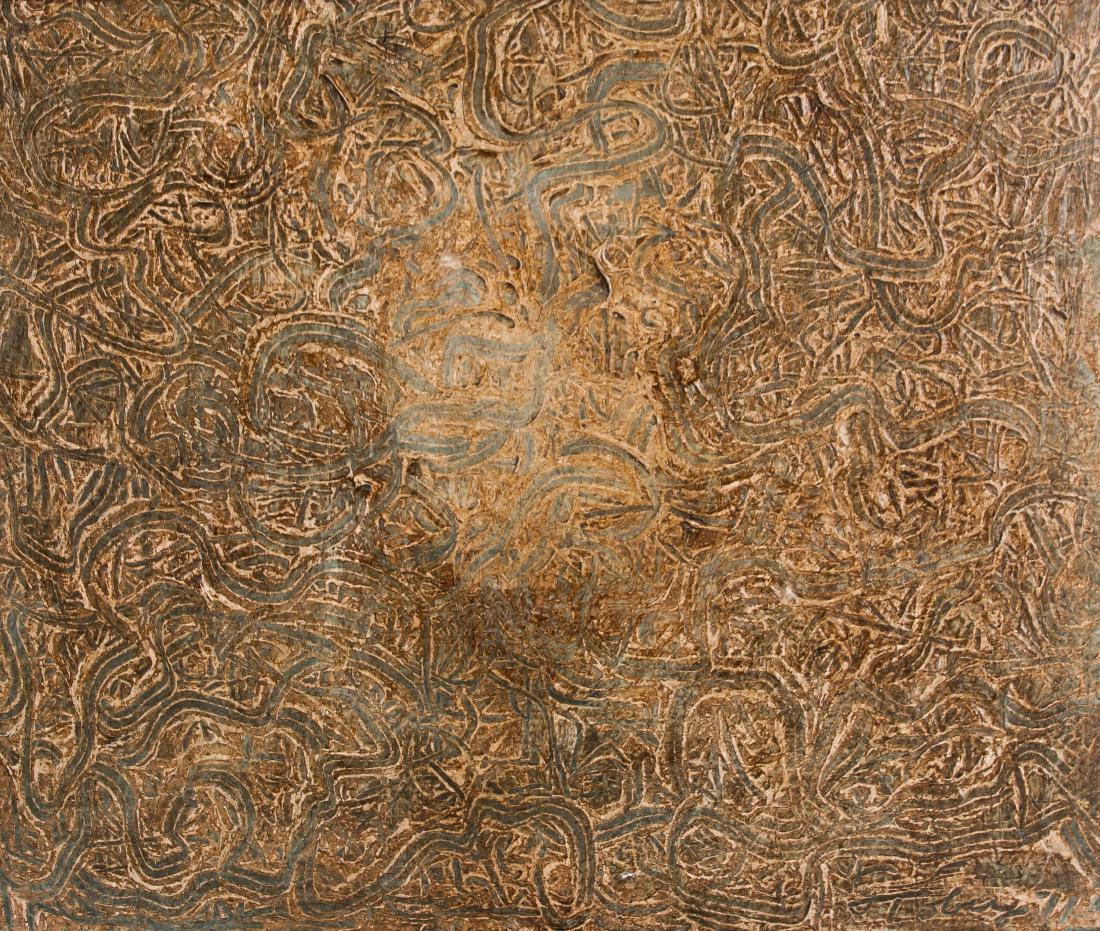 Mark Tobey 1890-1976 American Mixed Media Abstract: Abstract painting of curves; mixed media on canvas; framed; lower right corner signed and attr. Mark Tobey (1890-1976), American abstract expressionist painter; 13.5 inches x 16 inches. His densely st