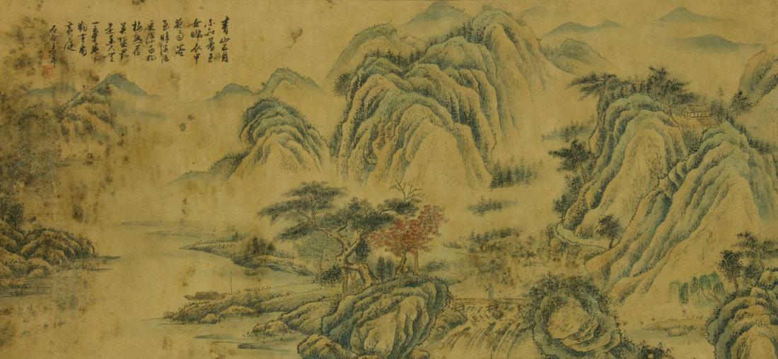 Wang Hui 1632-1717 Watercolour on Paper Scroll: Mountainous landscape; Chinese ink and watercolour on paper; horizontal on scroll ; signed Wang Hui and inscribed with one artist seal; 119 cm Ã— 56 cm