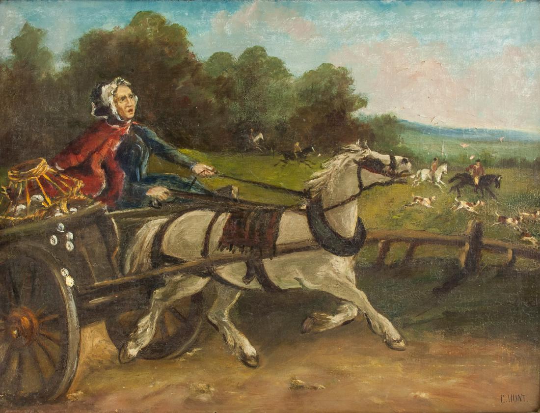 Charles Hunt 1803-1877 British Oil Lady on Wagon: Lady on running wagon; oil on canvas; framed; lower right corner signed Charles Hunt (1803-1877), British artist; Charles Hunt was a painter of contemporary genre, often humorous, as well as historica