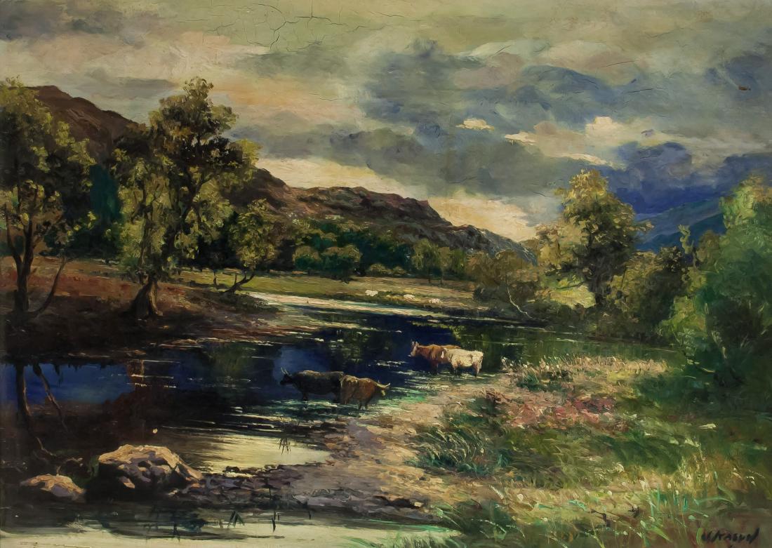 John Kasyn 1926-2008 Polish Canadian Oil Board: Landscape painting of mountain, river and cows; oil on board; framed; lower right corner signed and attr. John Kasyn (1926-2008), Poland-born Canadian painter, member of the Ontario society of Artists