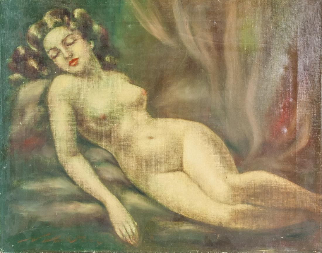 Signed Oil on Canvas of Nude: Signed oil on canvas painting of nude figure in reclined positions. 16 x 20 in (40.6 x 50.8 cm), puncture on canvas lower right section with indents throughout. PROVENANCE: Private collection, Montrea