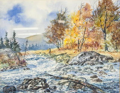 Ogden Pleissner 1905-1983 WC Autumn Hunting: Watercolor on paper painting, entitled "Autumn Hunting." Signed and attr. Ogden Pleissner (American, 1905-1983) on lower right corner. 10.75 x 13.75 in (27.3 x 34.9 cm). Ogden Minton Pleissner is