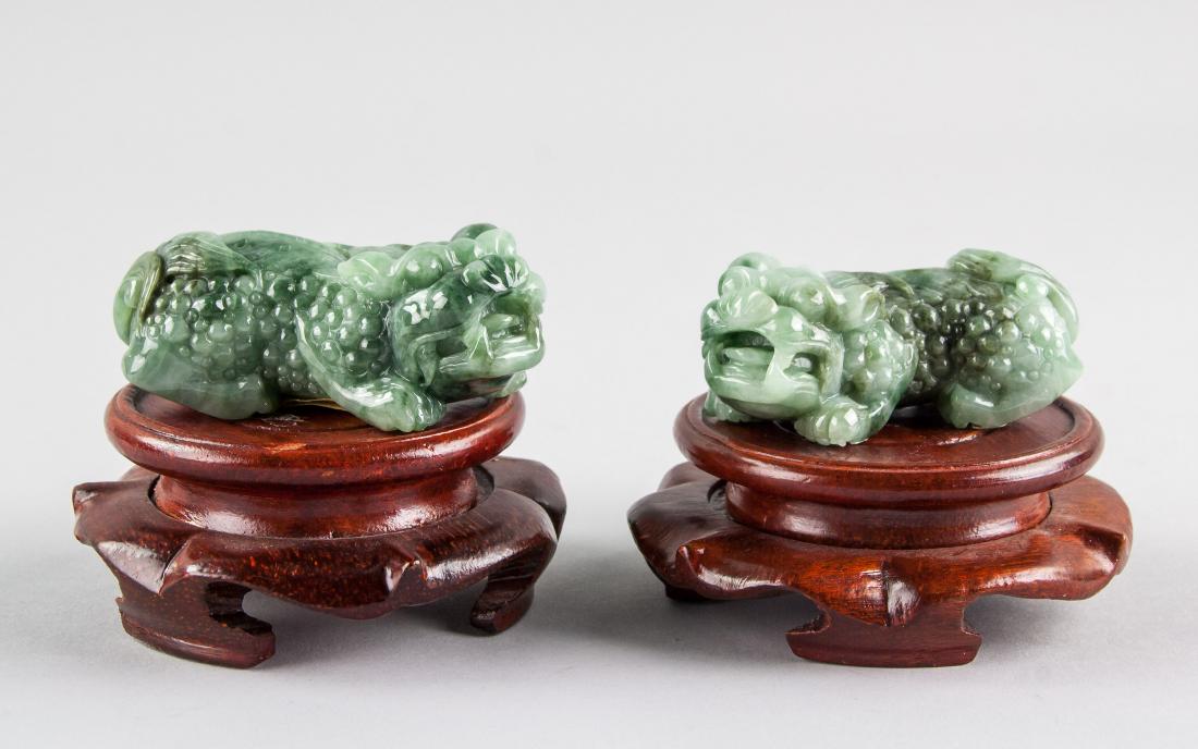 Pair Burma Green Jadeite Carved Guardian Lion (1 of 9)