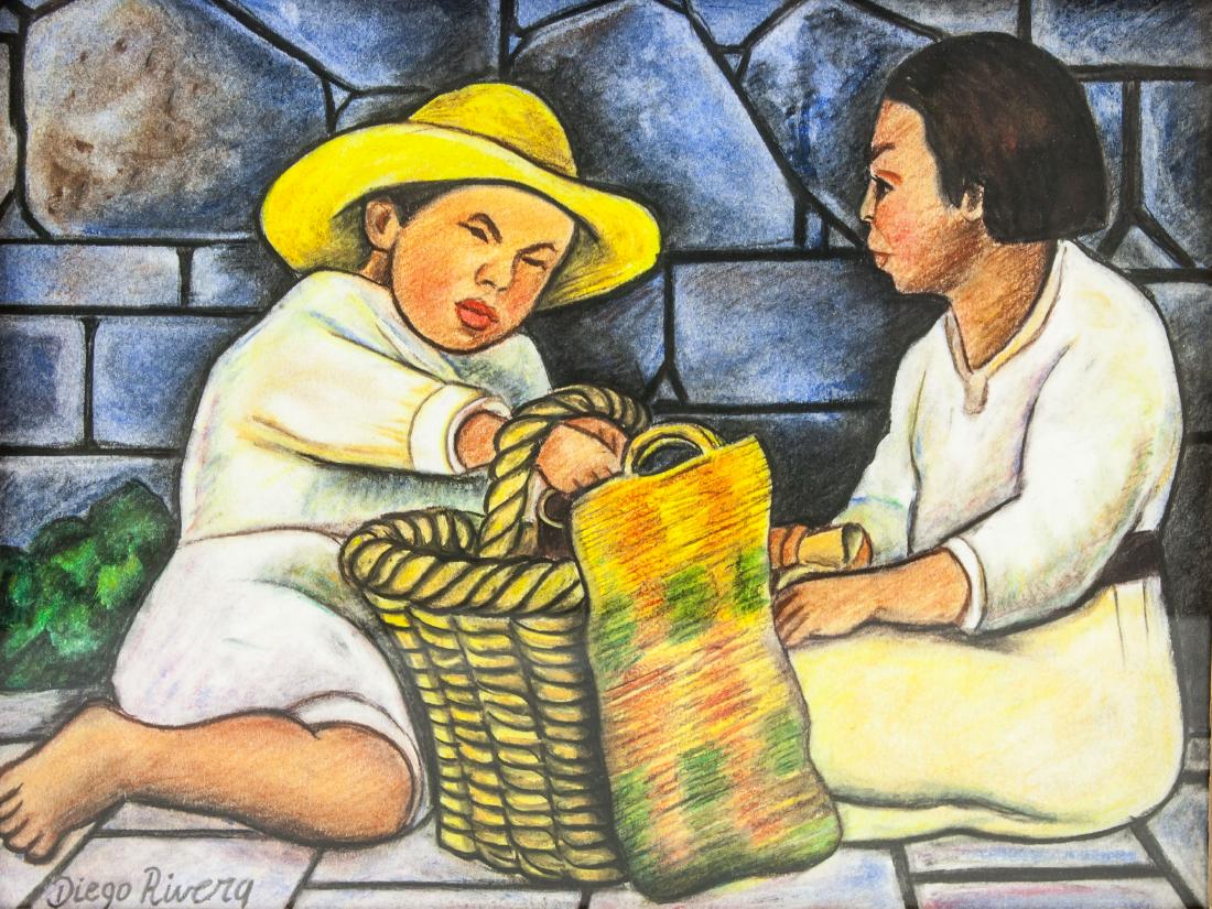 Diego Rivera (Mexican 1886-1957) Gouache on Paper: Gouache on paper, featuring two Mexican workers. Signed and attr. to Diego Rivera(Mexican 1888-1957), signature on the lower left corner. Inspired by Renaissance frescoes and motivated by a conviction