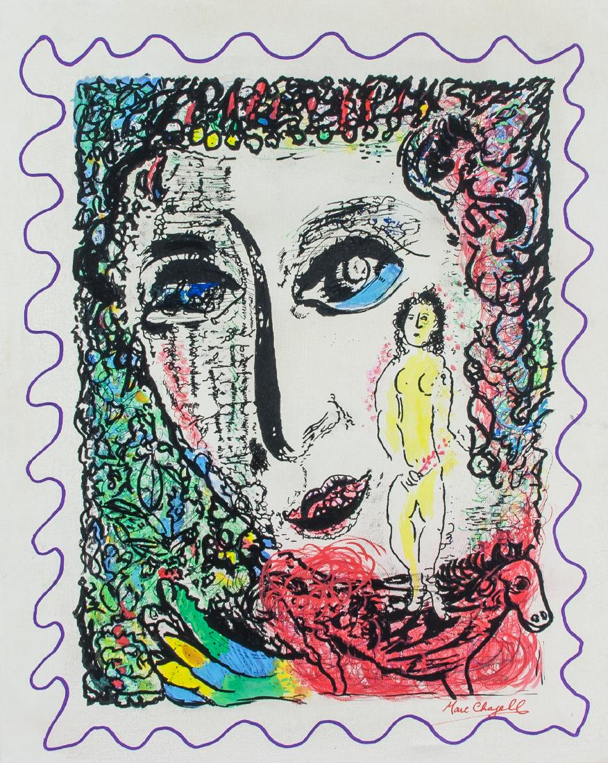 Marc Chagall French 1887-1985 Acrylic Nude Lady: Acrylic on stretched canvas, featuring portrait and nude lady, signed and attr. Marc Chagall (Russian-French, 1887-1985), 19.7 x 15.7 inch (50 x 40 cm), Provenance: Private Collection Italy. _x000D_ _