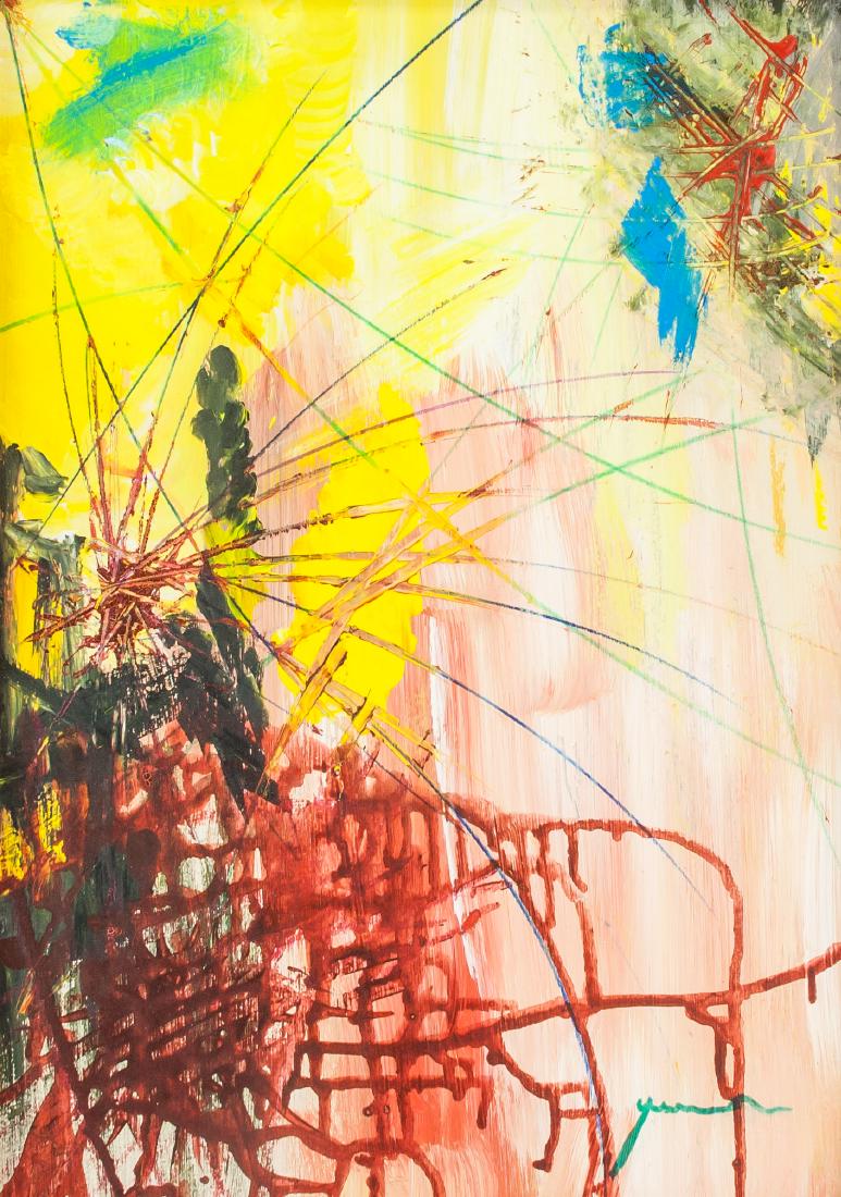 Michael Schofield b. 1932 Acrylic Abstract: Acrylic on board abstract painting; signed and attr. Michael Schofield (American, b. 1932), also signed on verso; 13 x 19 inch (33.02 x 48.26 cm). PROVENANCE: Private collection (Europe)