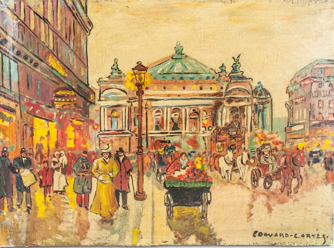 Edouard Cortes French 1882-1969 OOC City Scene: Oil on canvas. Featuring French city landscape scene. Signed and attr. Edouard Leon Cortes (French, 1882-1969). Signature on the lower right corner. 17 x 23.25 in (43.2 x 60.3 cm). As an active member