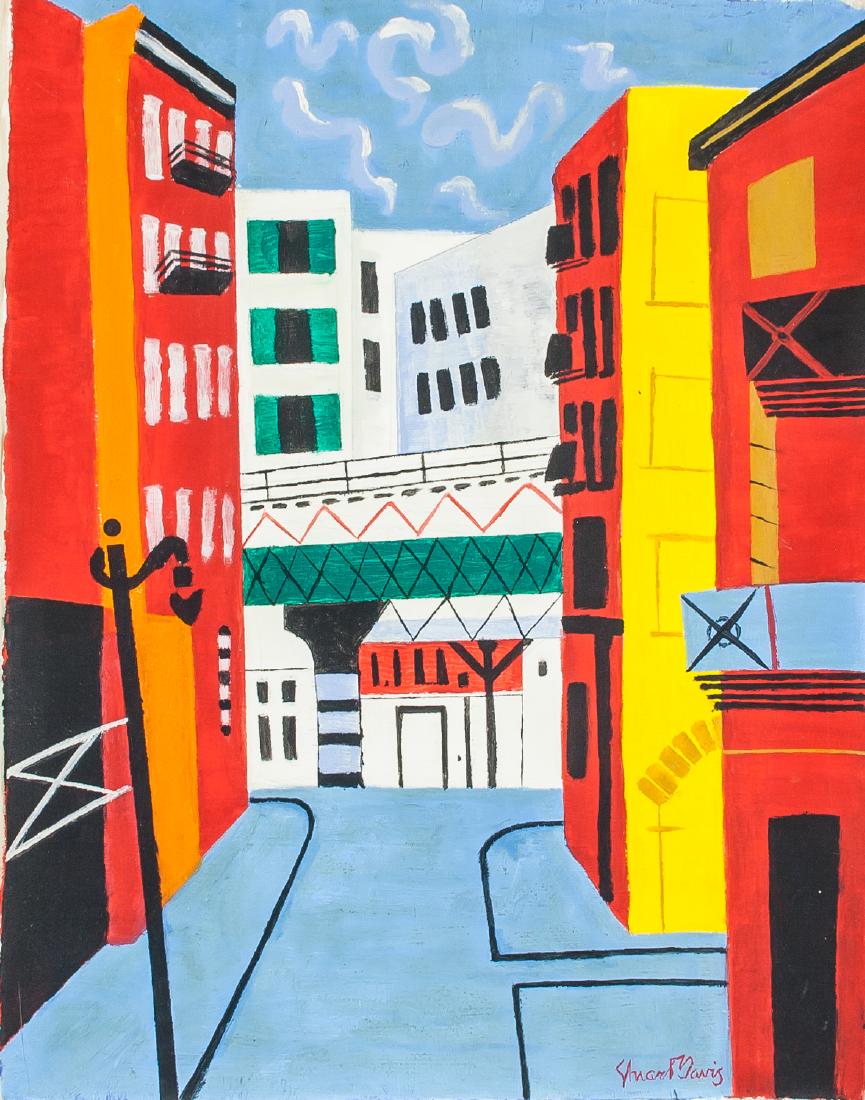 Stuart Davis 1892-1964 American Oil City Scene: Oil on canvas. Featuring cityscape scene. Signed and attr, Stuart Davis (American, 1892-1964) on lower right corner. 21.5 x 17 in. (54.6 x 43.2 cm). Stuart Davisâ€™s paintings synthesized many of