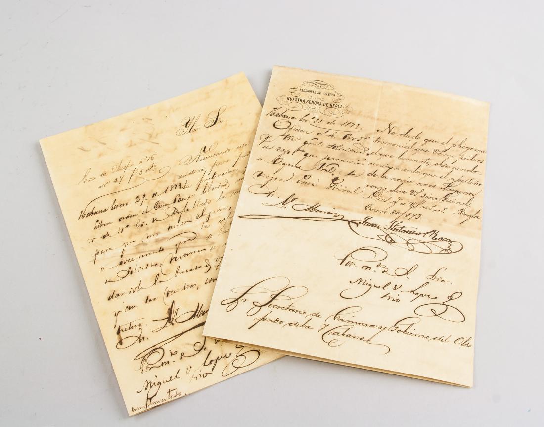 Cuban African Slave Manuscript Dated 1873 Two-Page: A Cuban African slave 2-page manuscript, paper titled "PARROQUIA DE ASCENSO DE NUESTRA SENORA DE REGLA" on top, dated 1873, 23 x 16 cm