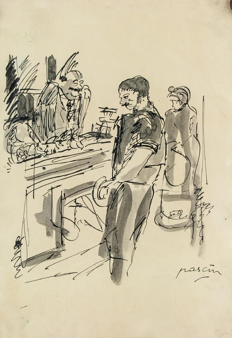 JULES PASCIN Bulgarian 1885-1930 Ink on Paper: Ink on paper. Featuring a man at his table. Signed and attr. Jules Pascin (Bulgarian-American, 1885-1930). Signature on the lower bottom right edge. 11.5 x 8.25 in. (29.2 x 30 cm). Jules Pascin was a