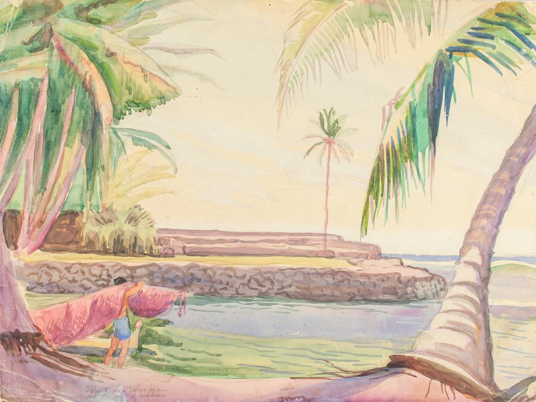 ROBERT LEE ESKRIDGE American 1891-1975 Watercolor: Watercolor on paper, featuring the Honolulu beach scene on front, verso with thumbnail composition, lower right corner signed by Robert Lee Eskridge (American, 1891-1975), 15.4 x 20.1 inch (39 x 51 cm