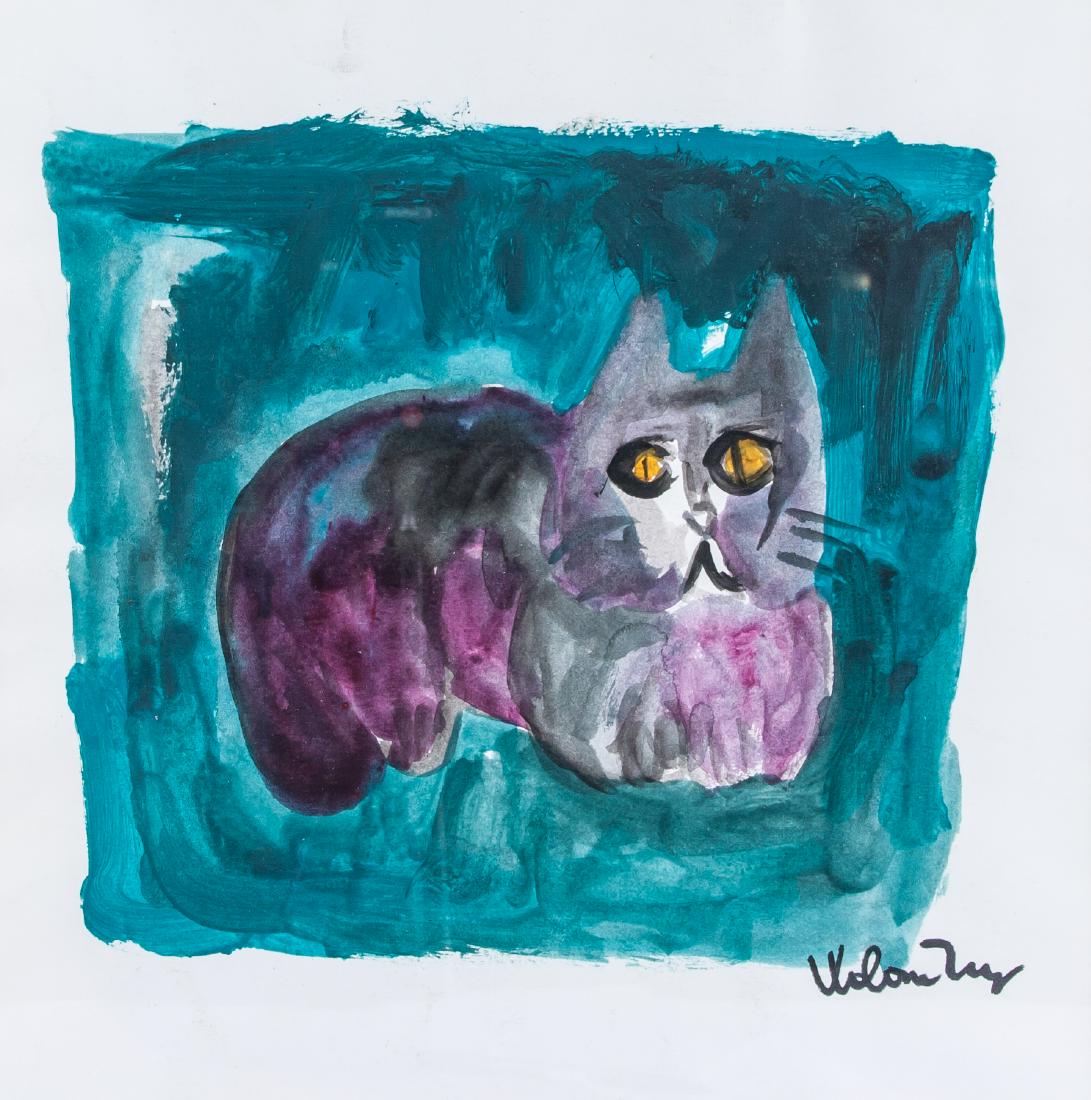 WALASSE TING Chinese-American 1929-2010 Waterolor: Watercolor on paper. Featuring a cat. Signed and attr. Walasse Ting (American-Chinese, 1929-2010). 11.6 x 11.2 inch (29.5 x 28.5 cm). Walasse Ting was an American-Chinese artist known for his fluoresc