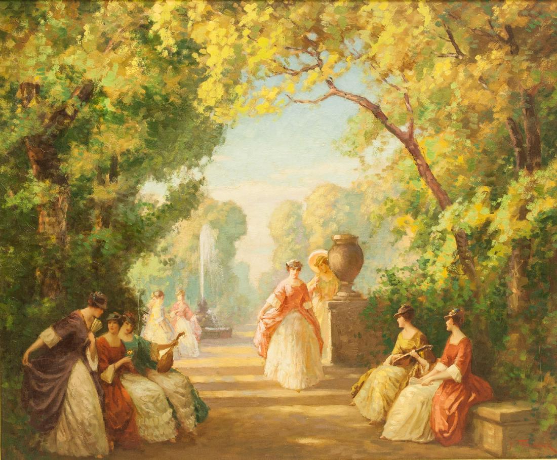 JOSEPH TOMANEK Czech-American 1889-1974 OOC: Oil on canvas painting. Featuring a landscape figural scene. Signed and attr. Joseph Tomanek (Czech-American, 1889-1974). 24.8 x 30.3 in. (63 x 77 cm). oseph Tomanek, a painter active mainly in Indian